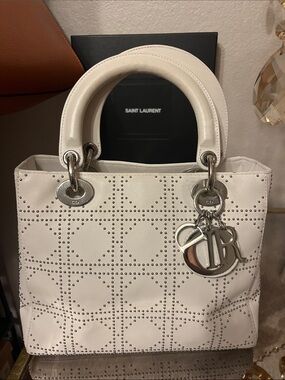 Saint Laurent White Studded Quilted Leather Satchel with Charm